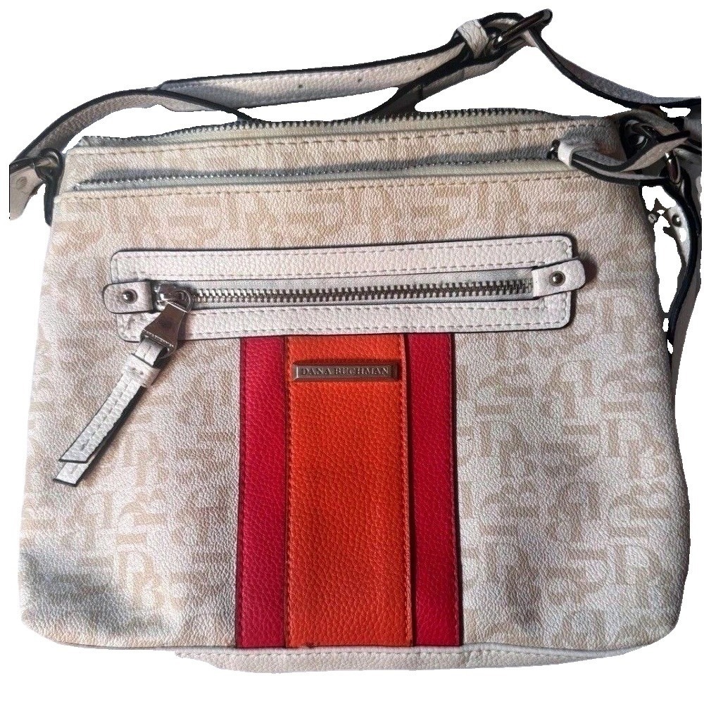 Dana Buchman Monogram Crossbody Bag White Pink Orange Stripe Multi-Zip‎ Pocket
